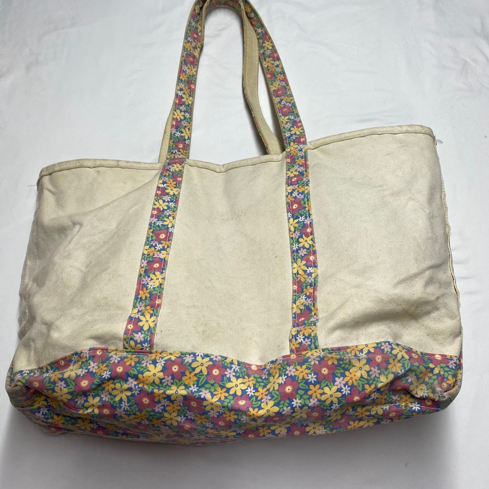 LL Bean Boat and Tote Canvas Bag Floral Print Trim Zip Top Cream Multi Large - Picture 4 of 10